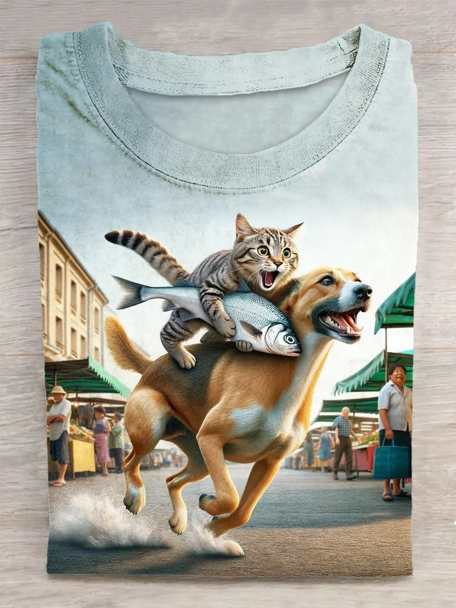 Funny Cat Printed Vintage Fashion Loose Short Sleeve T-Shirt