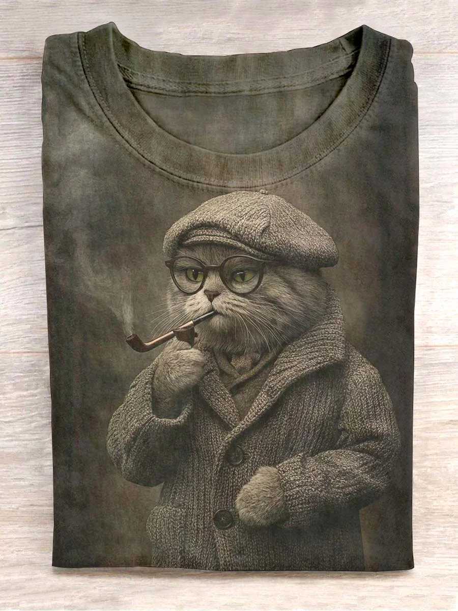 Unisex Handsome Cat Printed Casual Short Sleeve T-Shirt