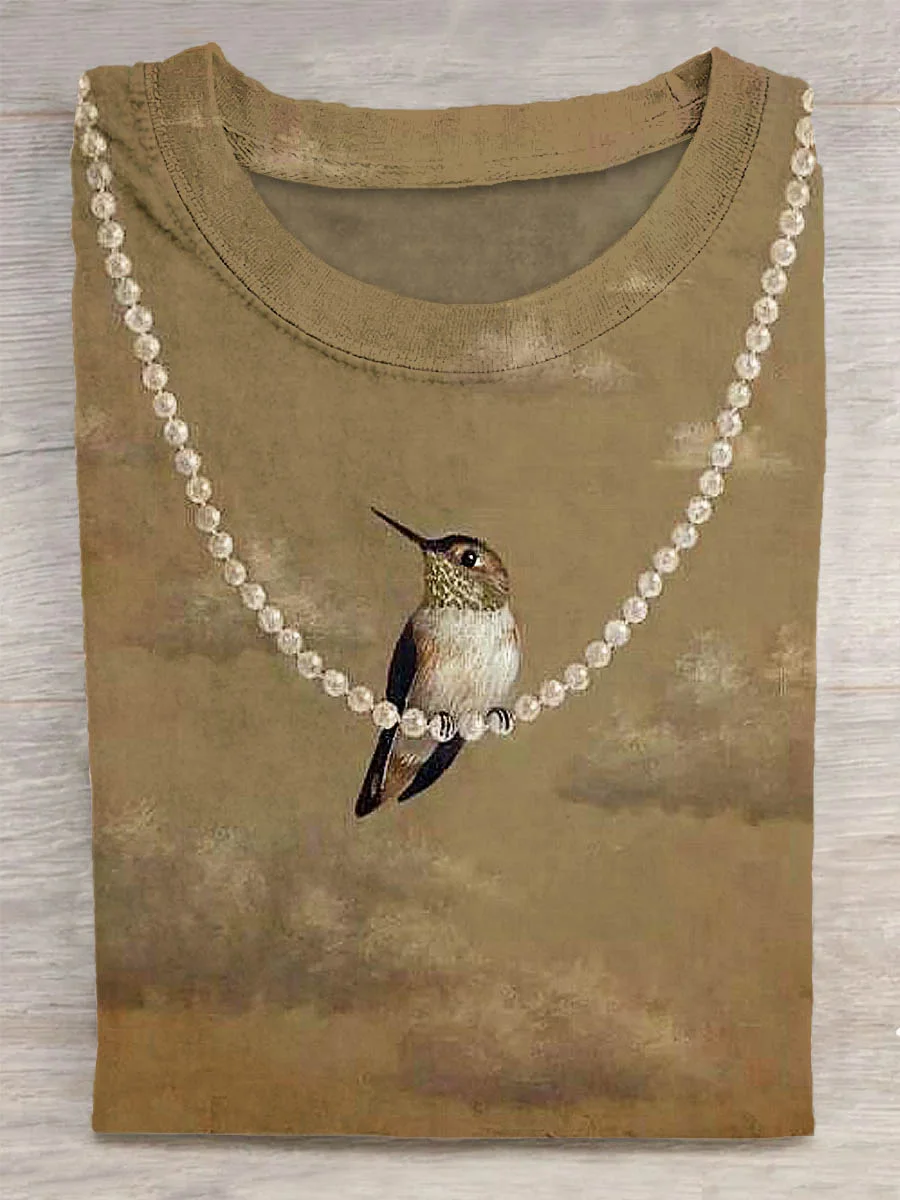 Pearl Necklace And Bird Art Print Casual Short Sleeve T-shirt