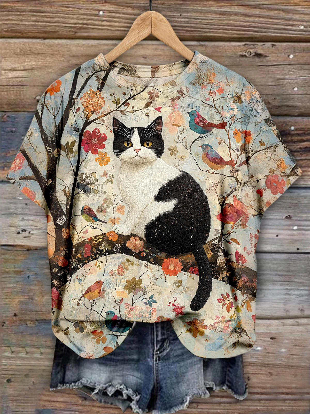 Vintage Cat And Bird Art Print Crew Neck T-shirt