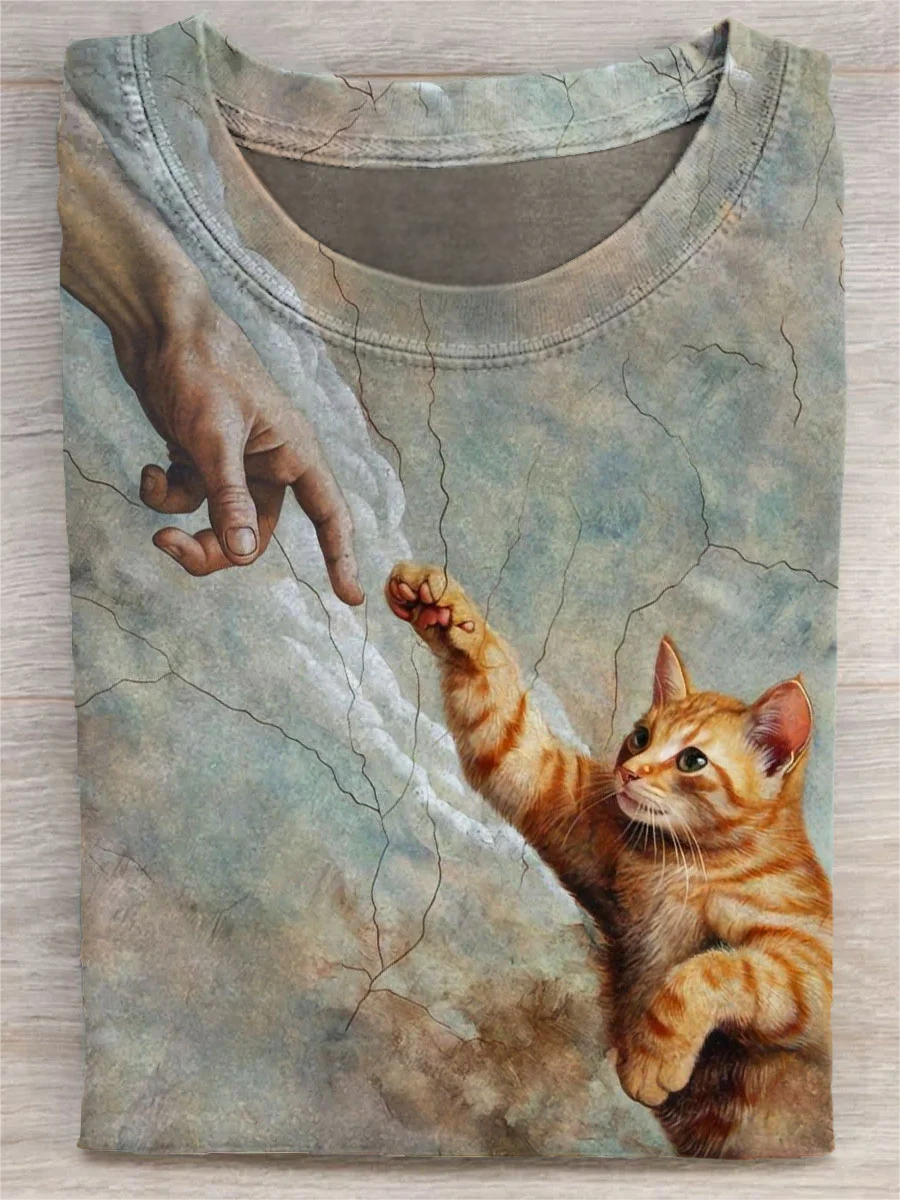 Vintage Cat Art Print Casual Short Sleeve T-shirt