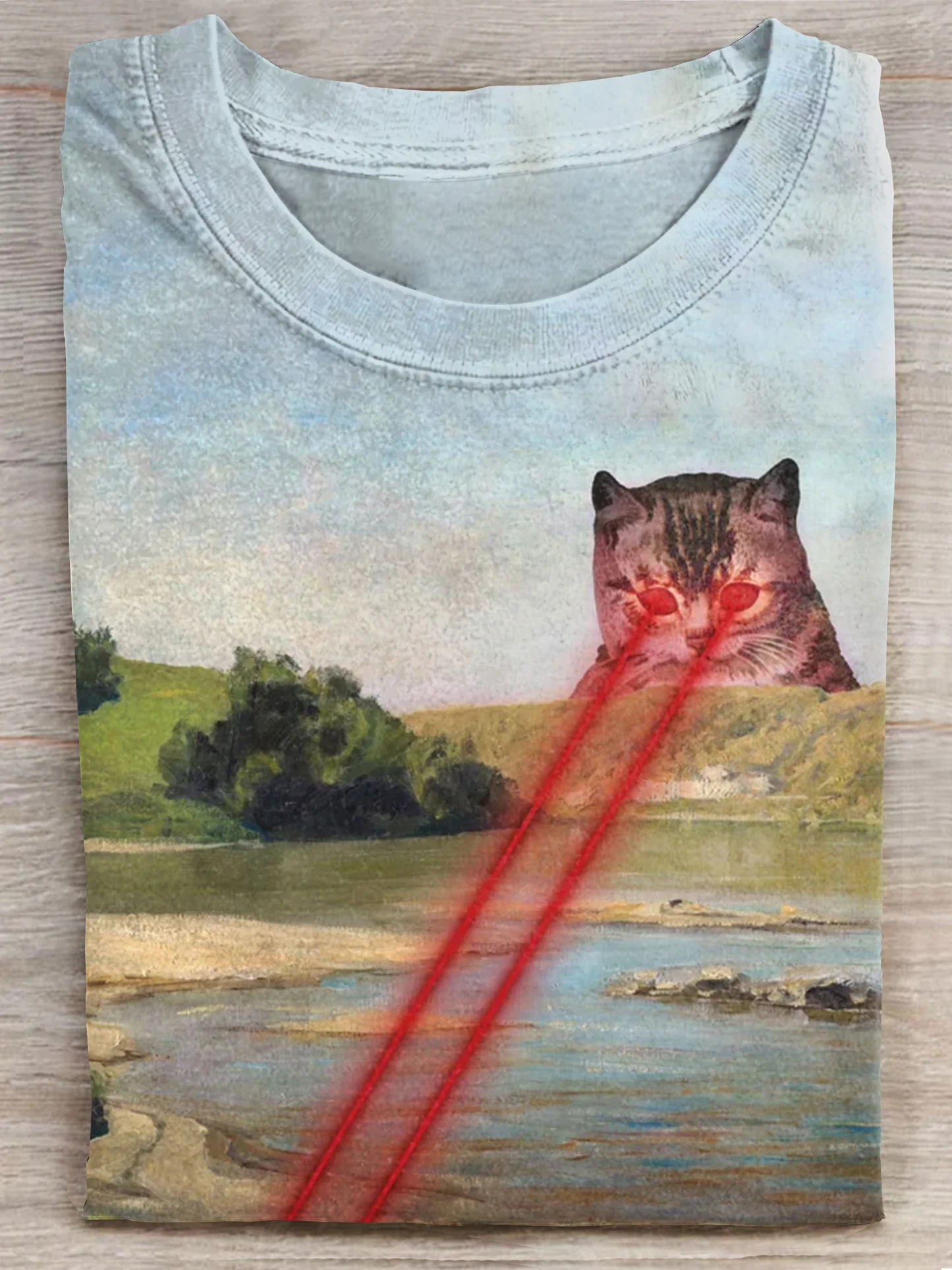 Vintage Cat with Laser Eyes Funny Art Print Casual Short Sleeve T-shirt