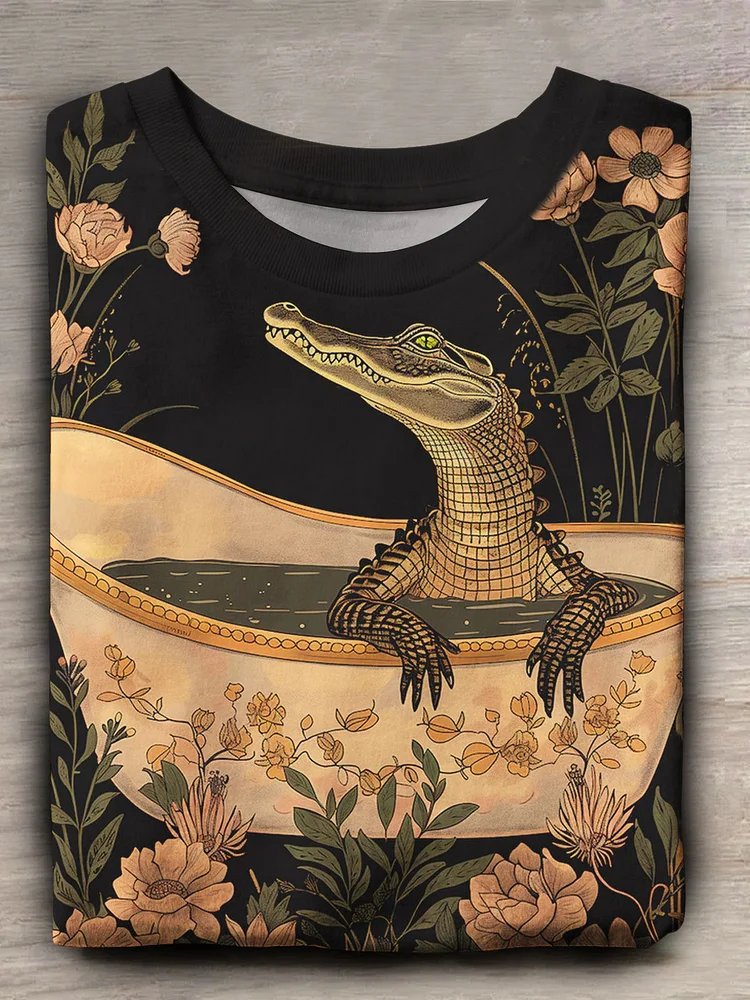 Vintage Crocodile Floral Print Short Sleeve T-Shirt