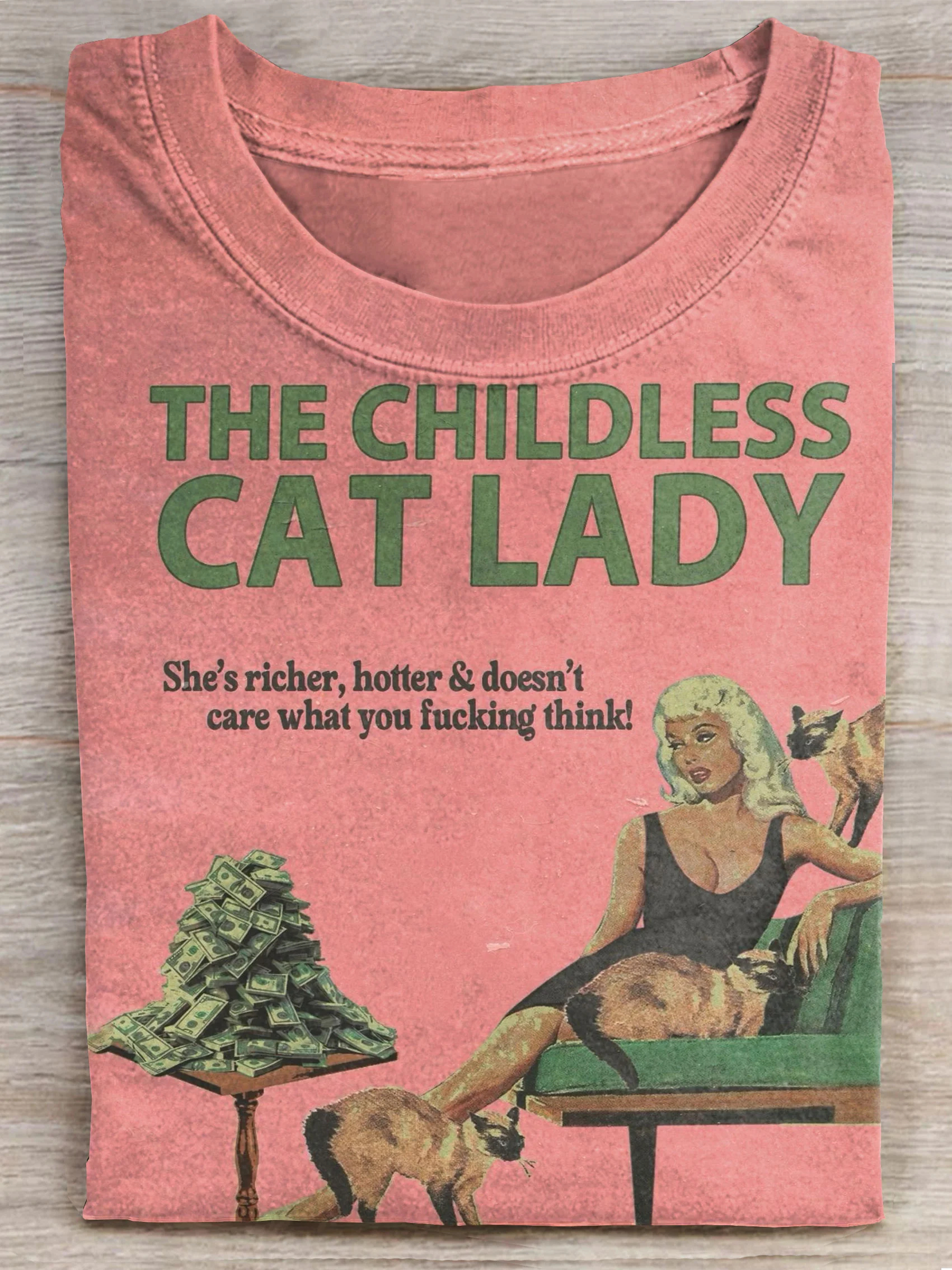 The Childless Cat Lady Vintage Funny Art Print Casual Short Sleeve T-shirt