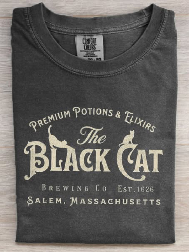 Vintage Salem Black Cat Art Print Casual Short Sleeve T-shirt