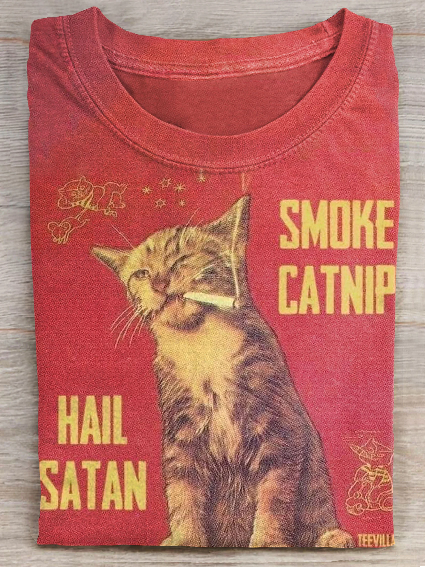Vintage Smoke Cat Art Print Casual Short Sleeve T-shirt