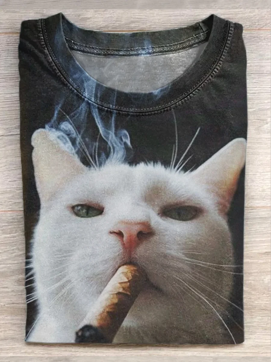 Vintage Smoking Cat Art Print Casual Short Sleeve T-Shirt