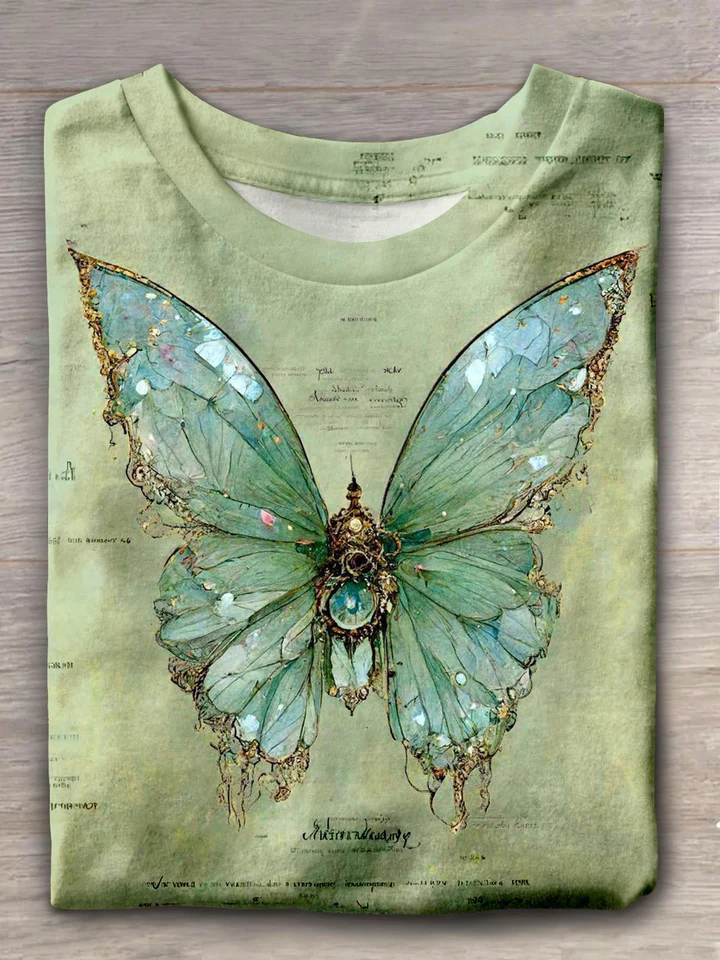 Butterfly Retro Print Crew Neck T-shirt