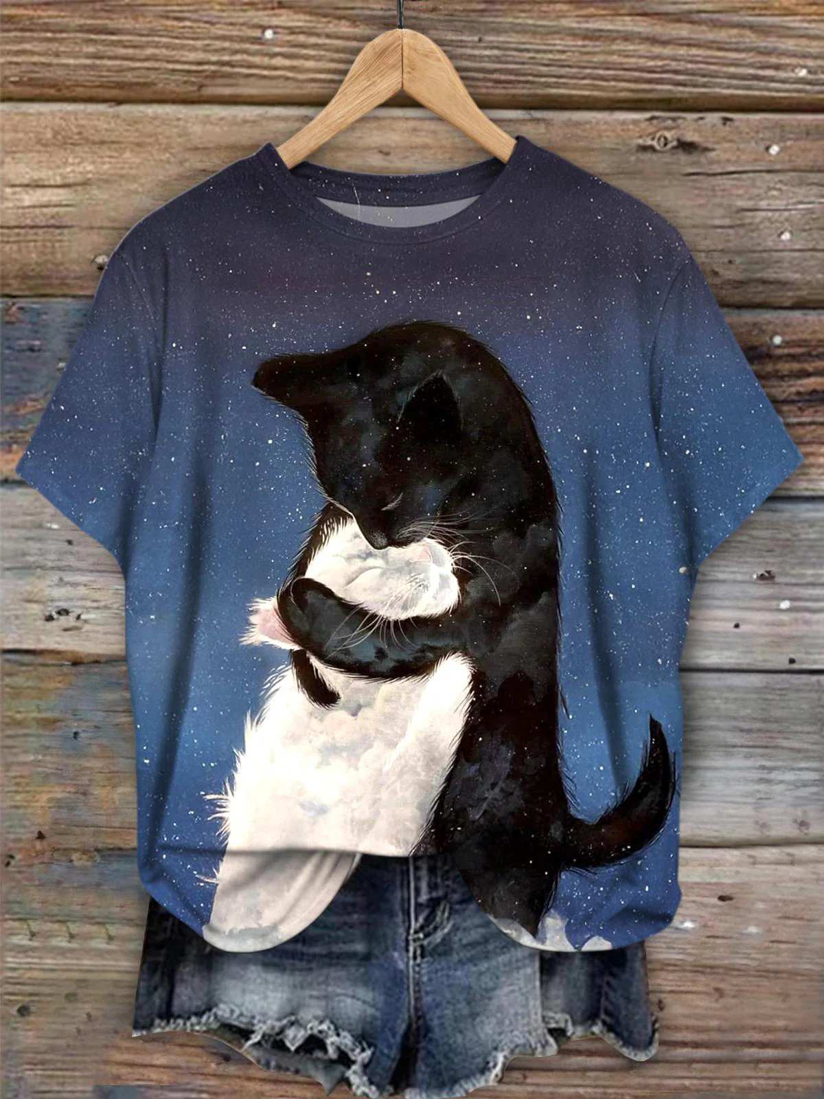 Cat Love Art Print Crew Neck T-shirt 