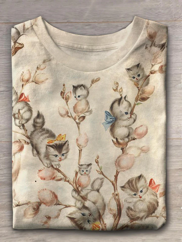 Cute Cat Tree Bow Vintage Print T-shirt