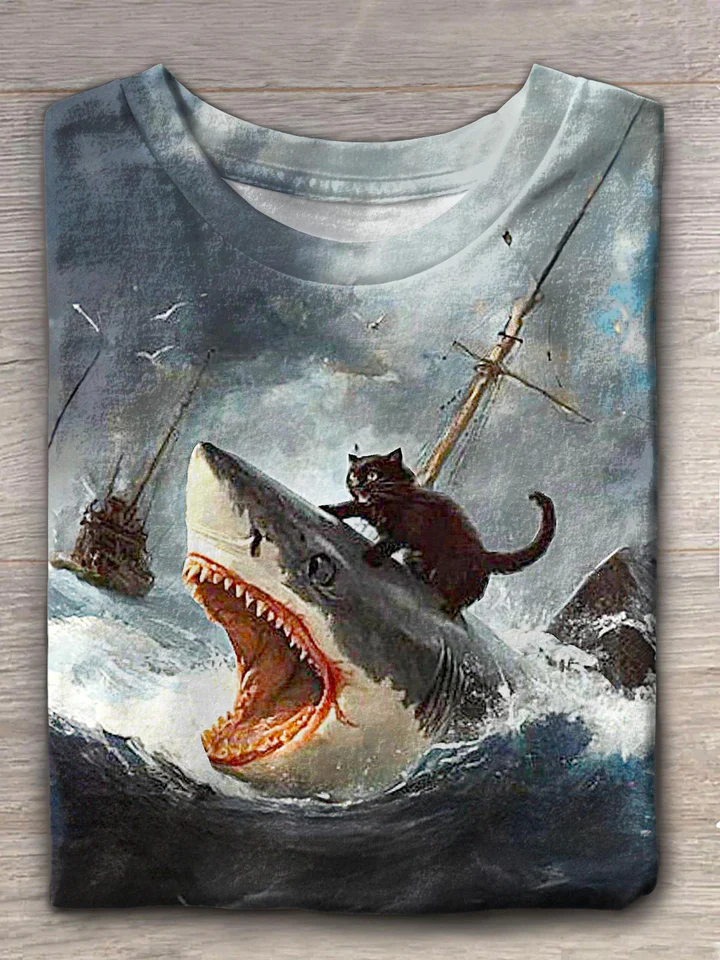 Funny Cat Great White Shark Print Crew Neck T-shirt