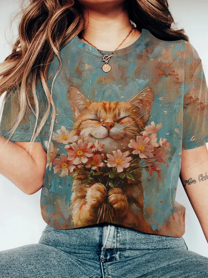 Cat And Flowers Art Print Casual Short Sleeve T-shirt