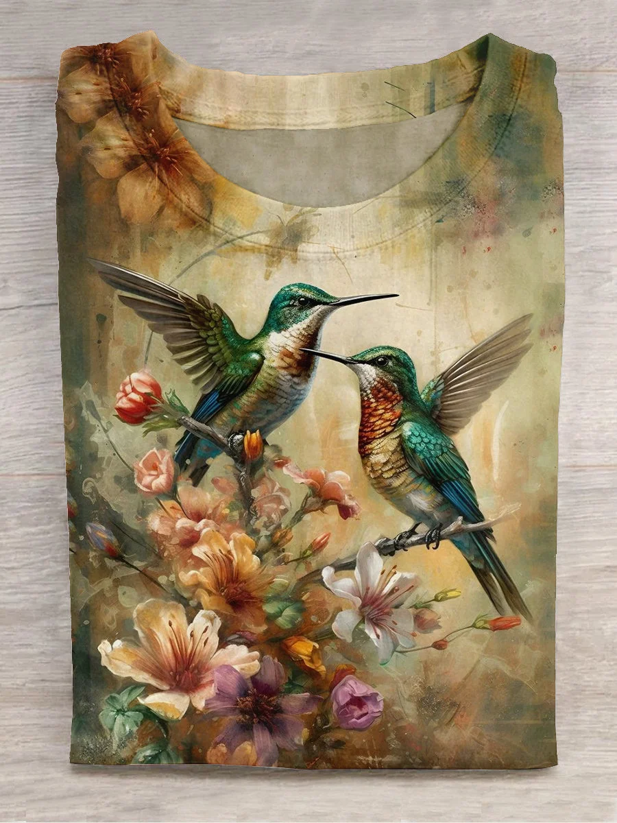 Hummingbird Art Print Crew Neck Short Sleeve T-Shirt