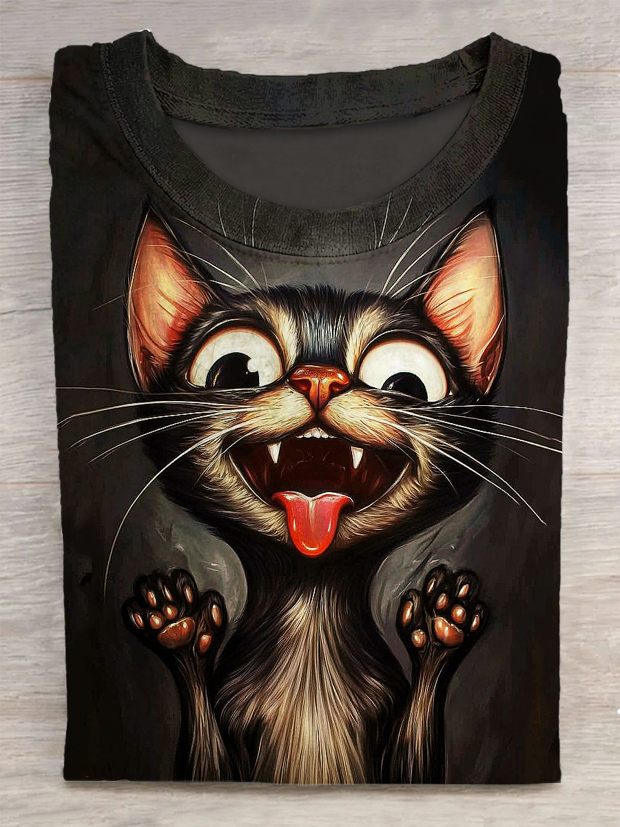 Funny Cat Printed Vintage Fashion Loose Short Sleeve T-Shirt