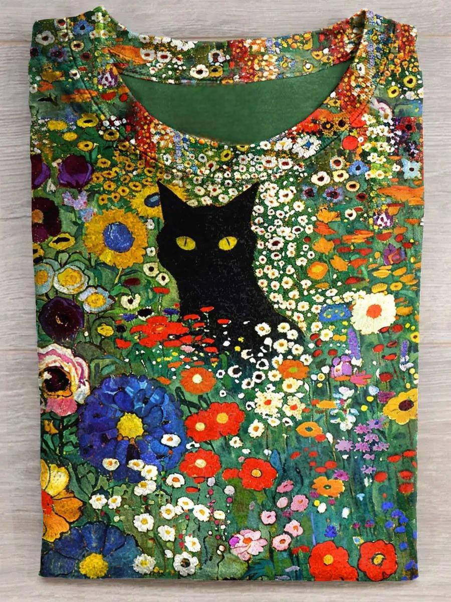 Cat In Floral Garden Art Print Casual Short Sleeve T-shirt