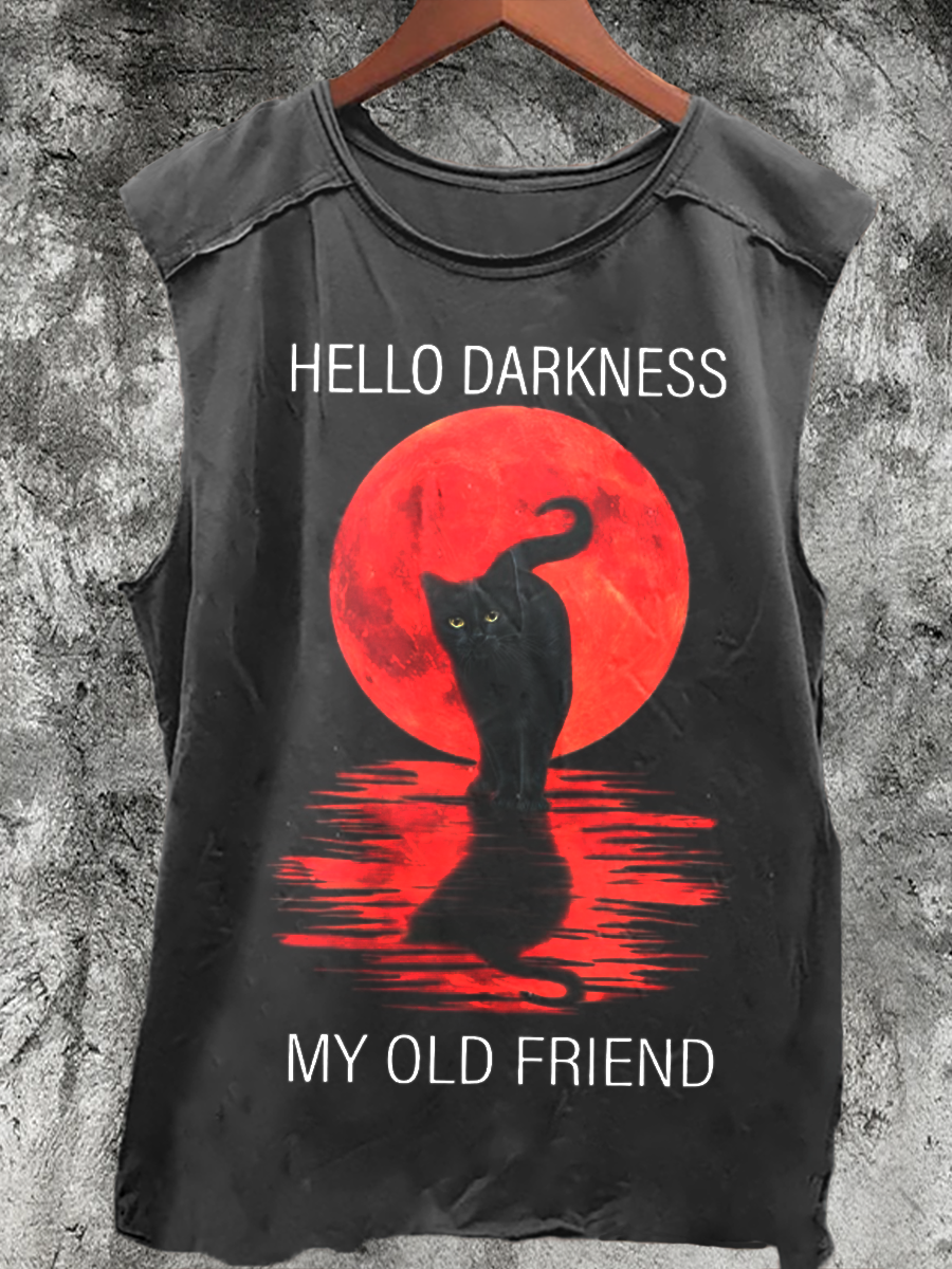 Hello Darkness My Old Friend Back Cat Print 100% Cotton Casual Tank Top