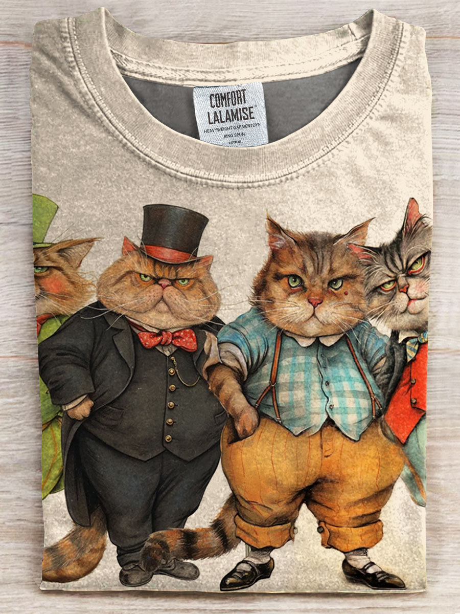 Vintage Cat Print Casual Tee