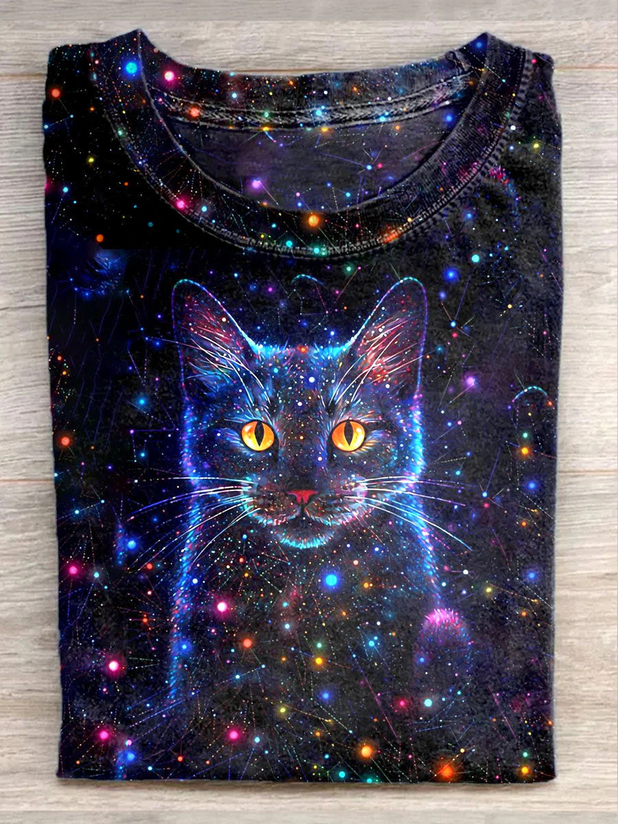 Fantasy Starry Sky Cat Art Illustration Printed Casual T-Shirt