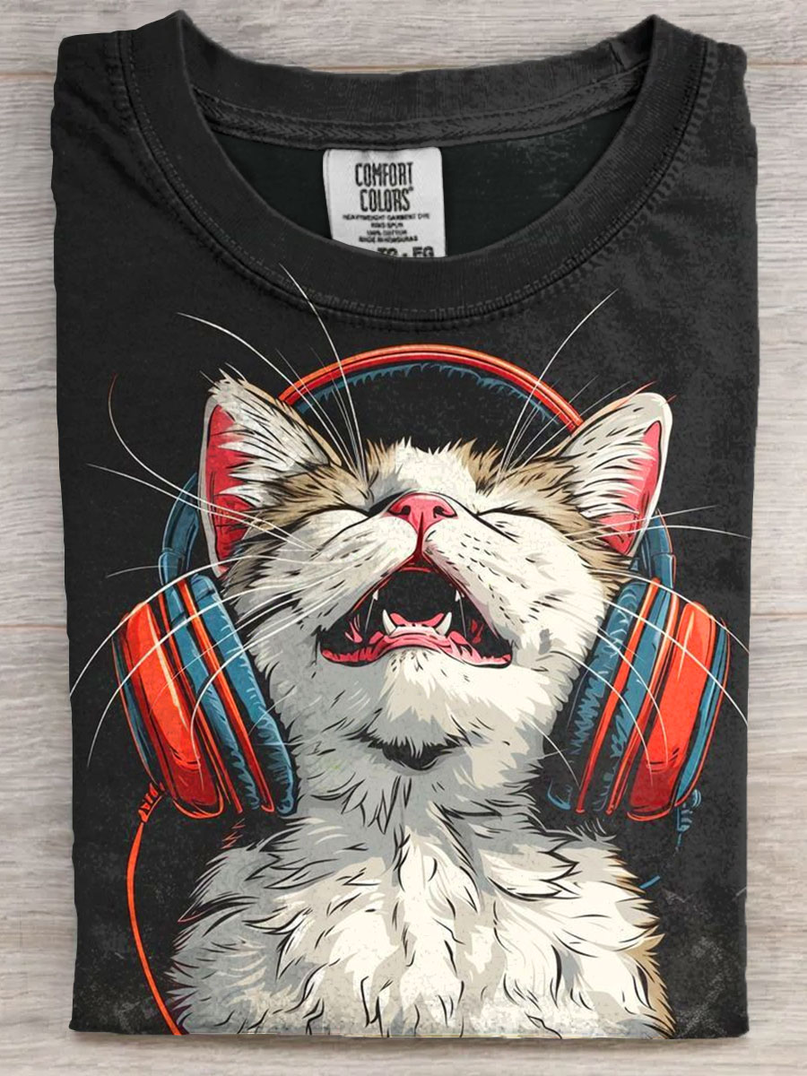 Enjoy Funny Cat Music Art Print Casaul Short Sleeve T-shirt