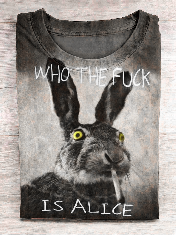 Funny Cute Bunny Smoking Print Casual Short Sleeve T-Shirt