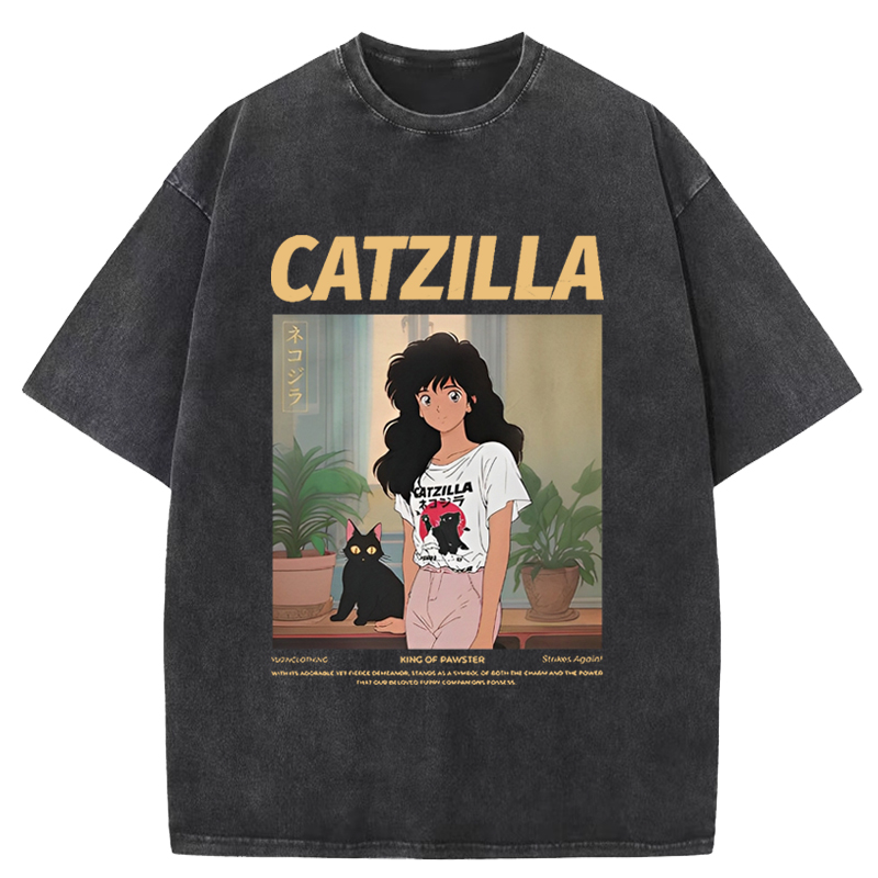 Cuddlefurry™ | Catzilla And Girl Washed T-Shirt