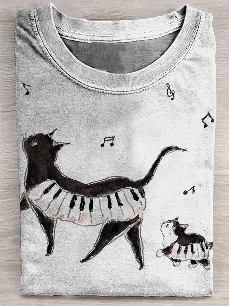 Funny Piano Cat Print Casual T-shirt
