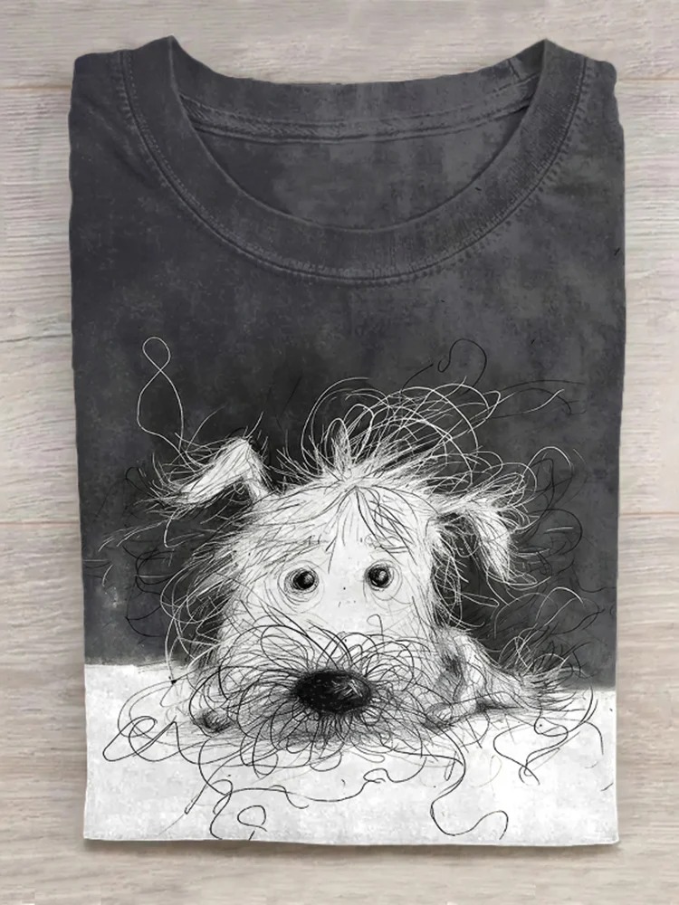 Cute Dog Scrawled Puppy Art Print Casual Short Sleeve T-Shirt