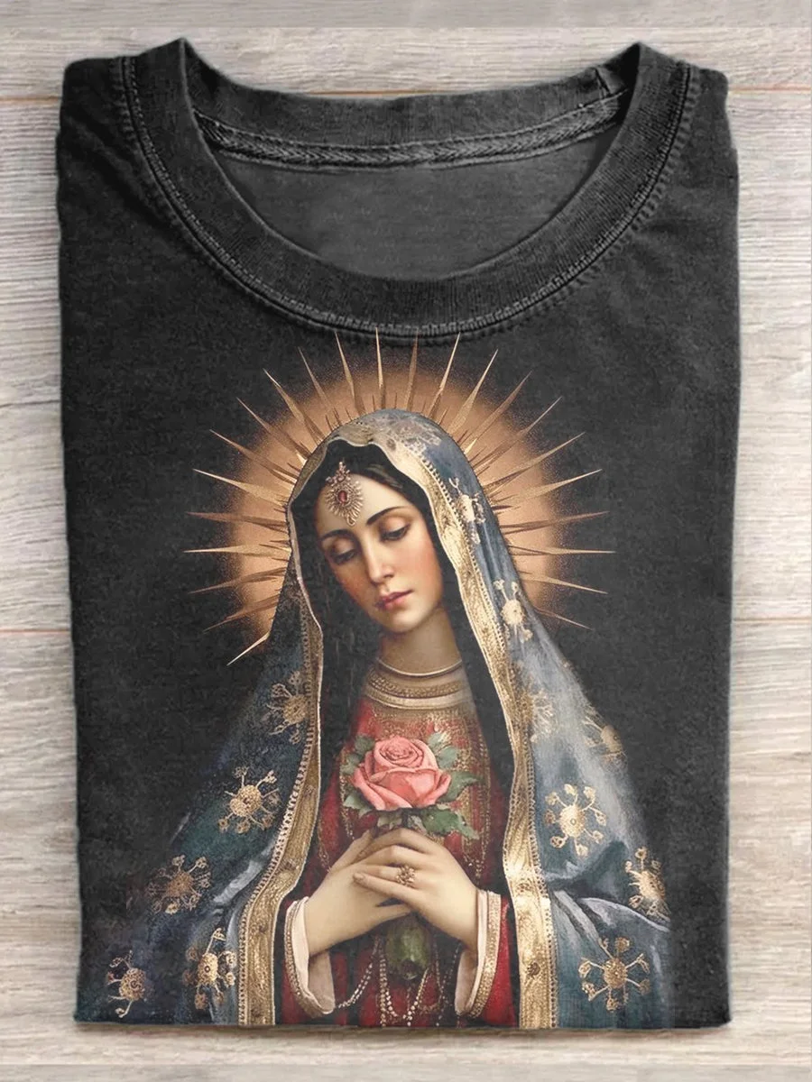 Vintage Renaissance Virgin Mary Art Painting Printed Casual Short Sleeve T-Shirt