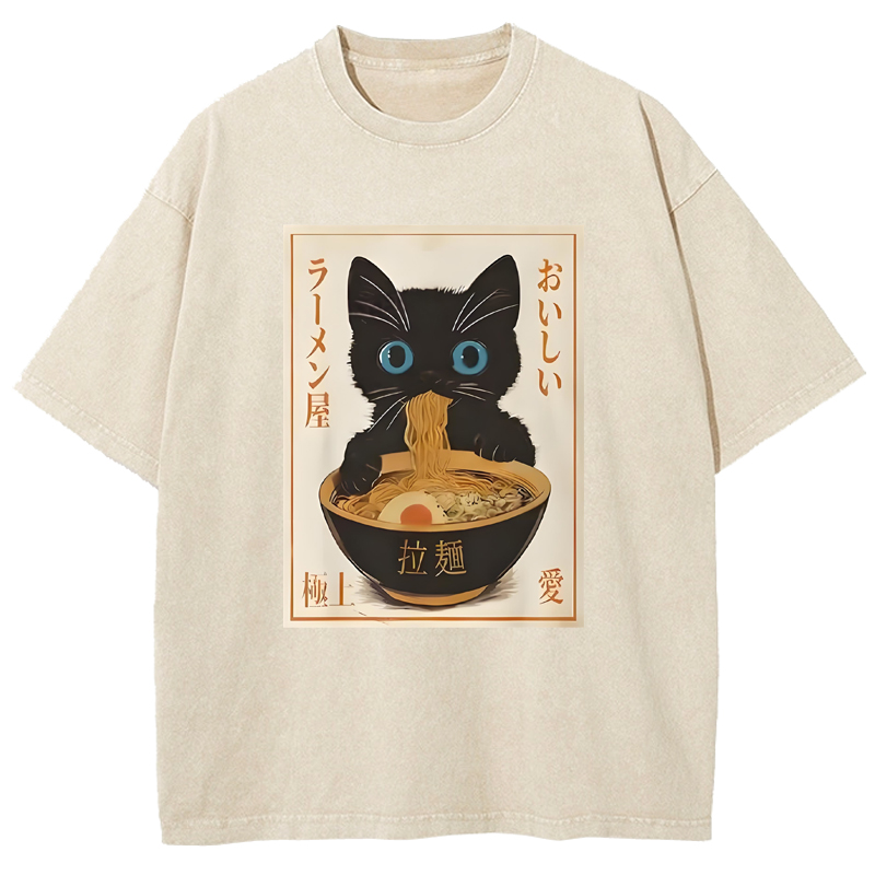 Cuddlefurry™ | Vintage Cat Eating Ramen Washed T-Shirt