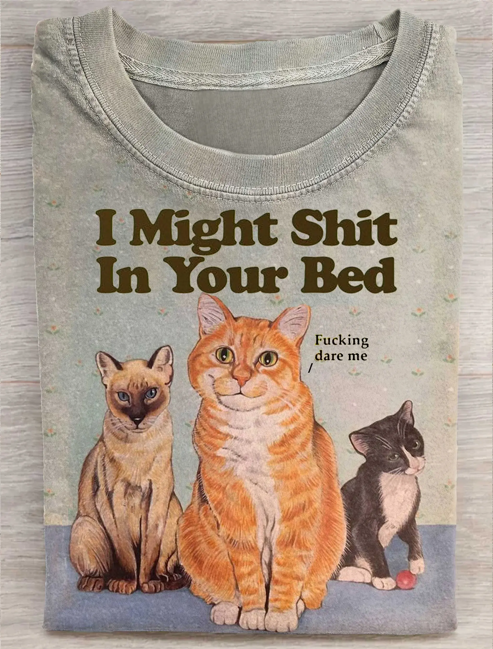 Vintage Fucking Dare Me Funny Cat Art Print Casual Short SleeveT-shirt