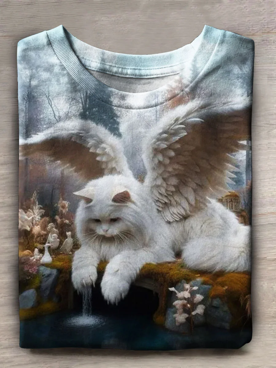 Cute Angel Cat Art Print Casual Short Sleeve T-shirt