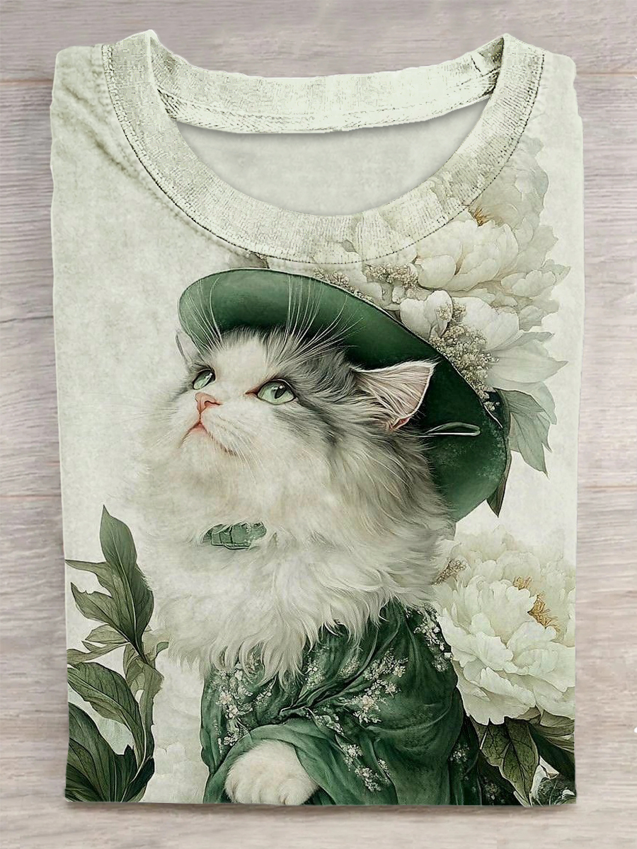 Cute Cat Printed Vintage Fashion Loose Short Sleeve T-Shirt