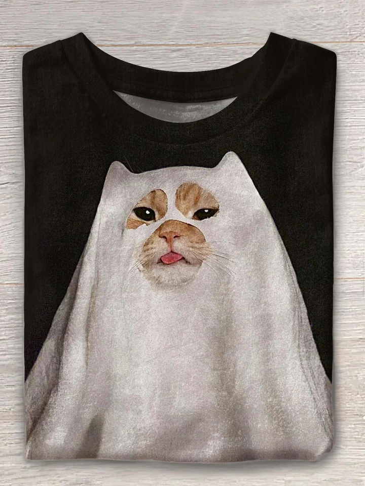 Cute Ghost Funny Cat Art Print Casual T-shirt