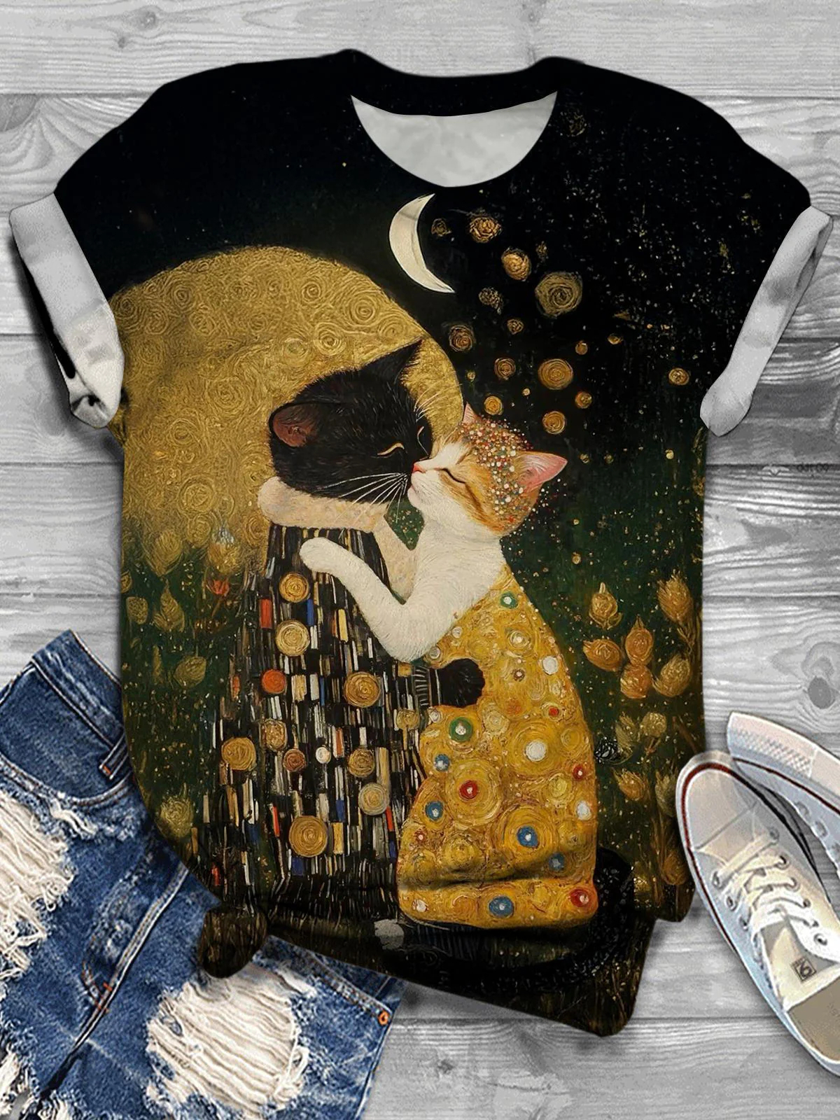 Cute Cat Imitation Painting Print Casual T-shirt