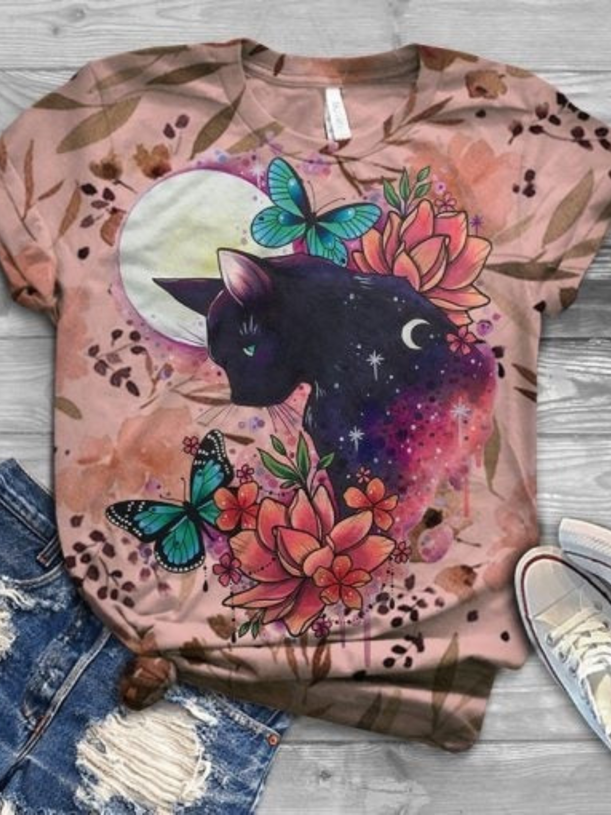 Vintage Flower Butterfly Cat Crew Neck T-shirt