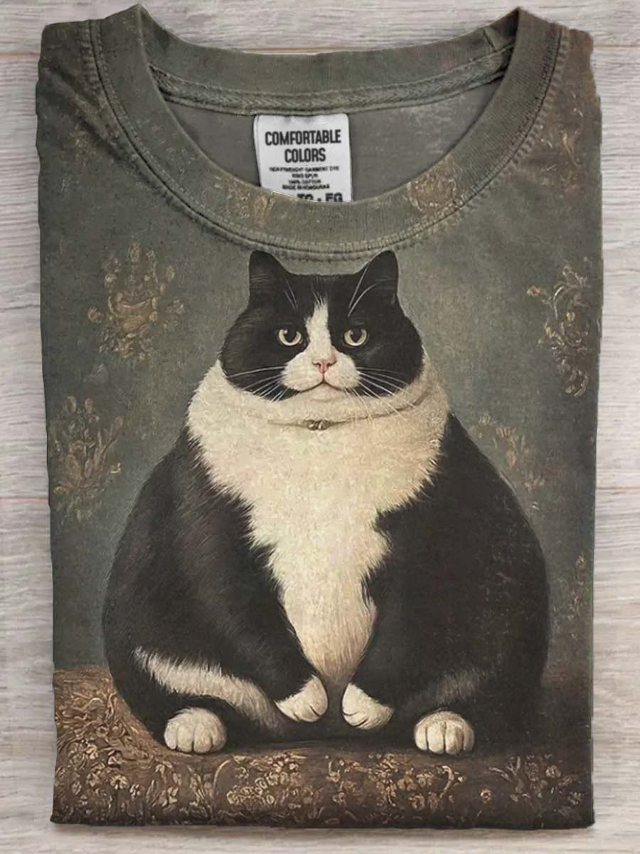 Cute Big Fat Cat Print Casual Short Sleeve T-Shirt