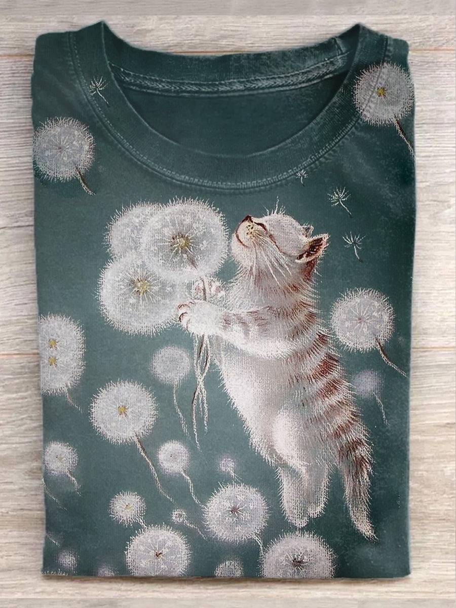 Dandelion Kitten Art Print Casual Short Sleeve T-shirt