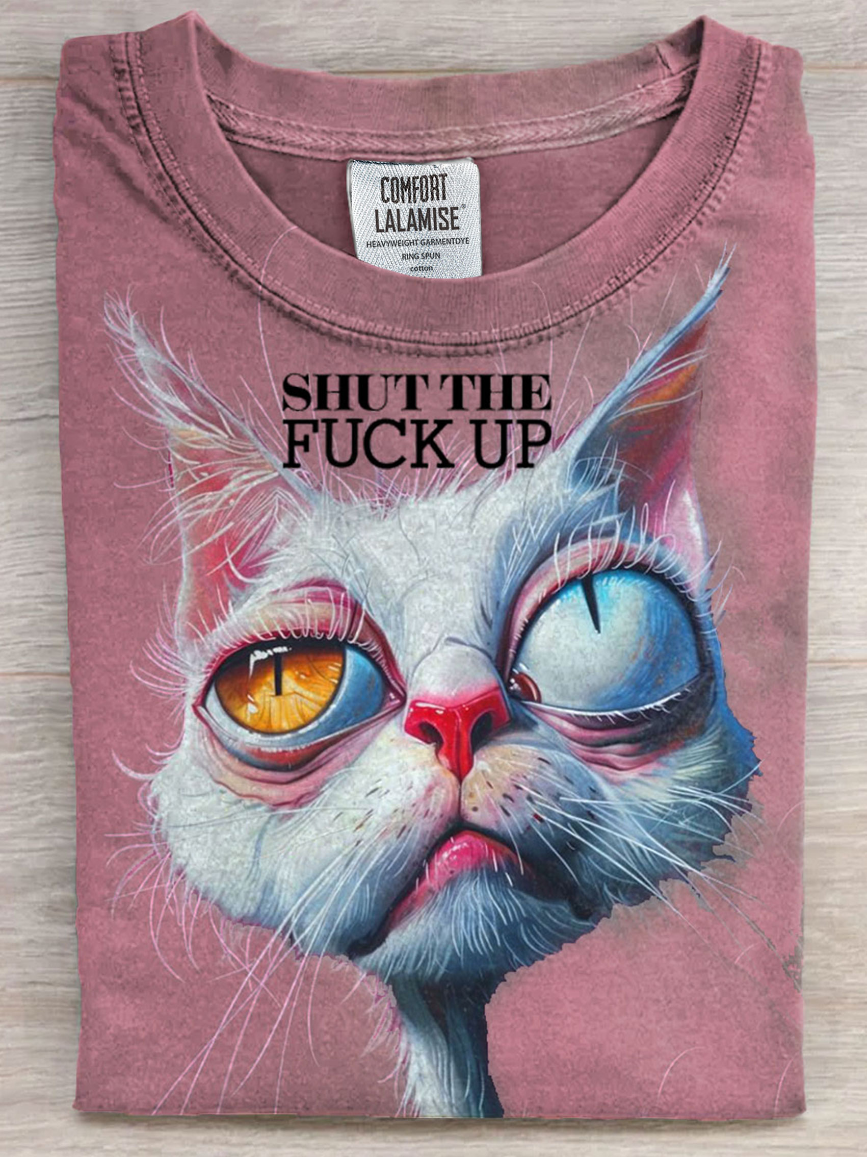 Shut The Fuck Off Tired Cat Funny Art Print Casual Short Sleeve T-shirt