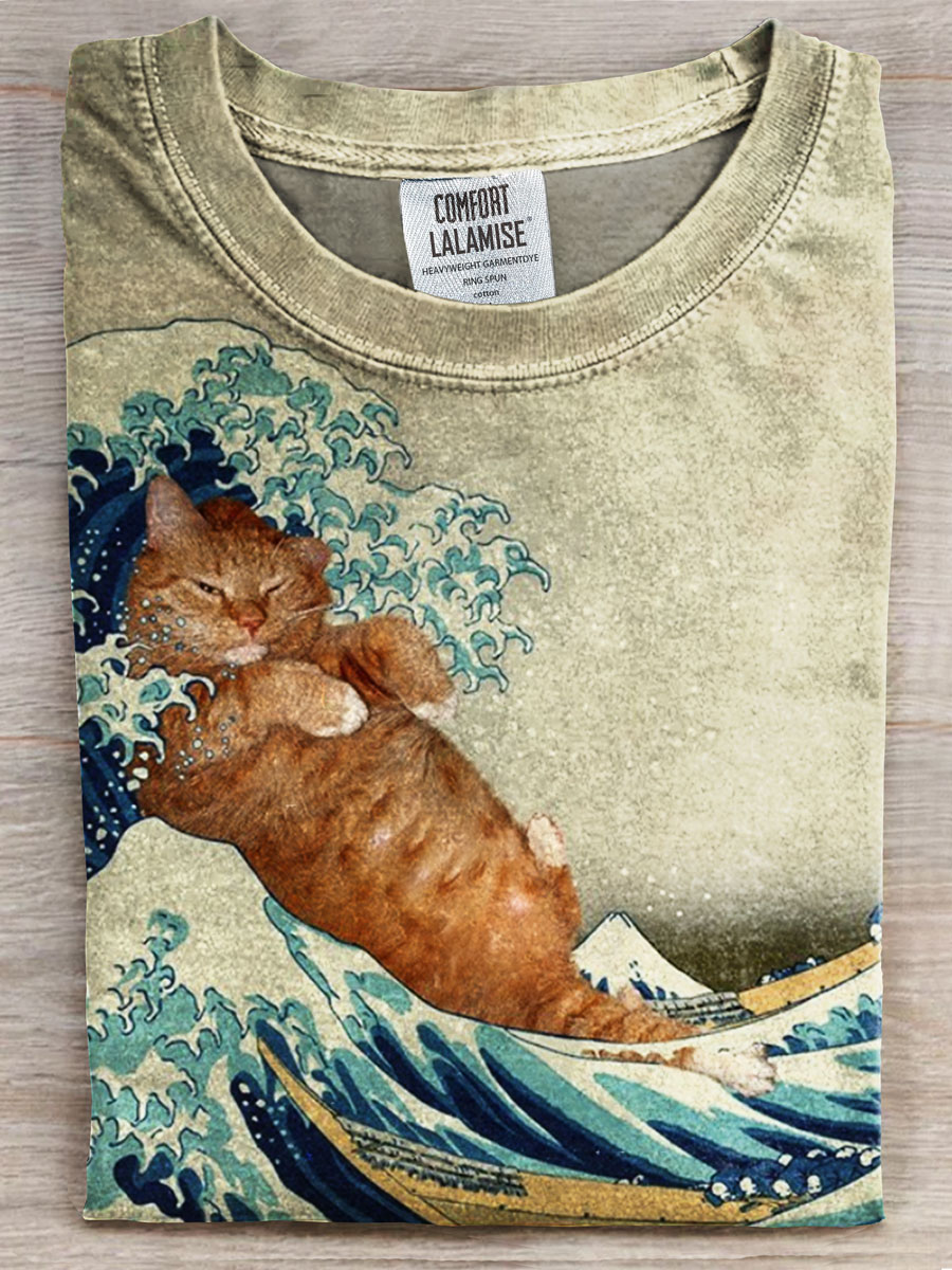 Funny Cat Ukiyo-e Printed Casual T-shirt