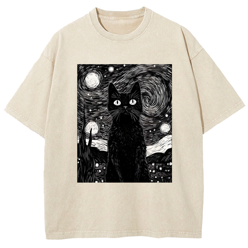 Cuddlefurry™ | The Starry Night And Cat Washed T-Shirt