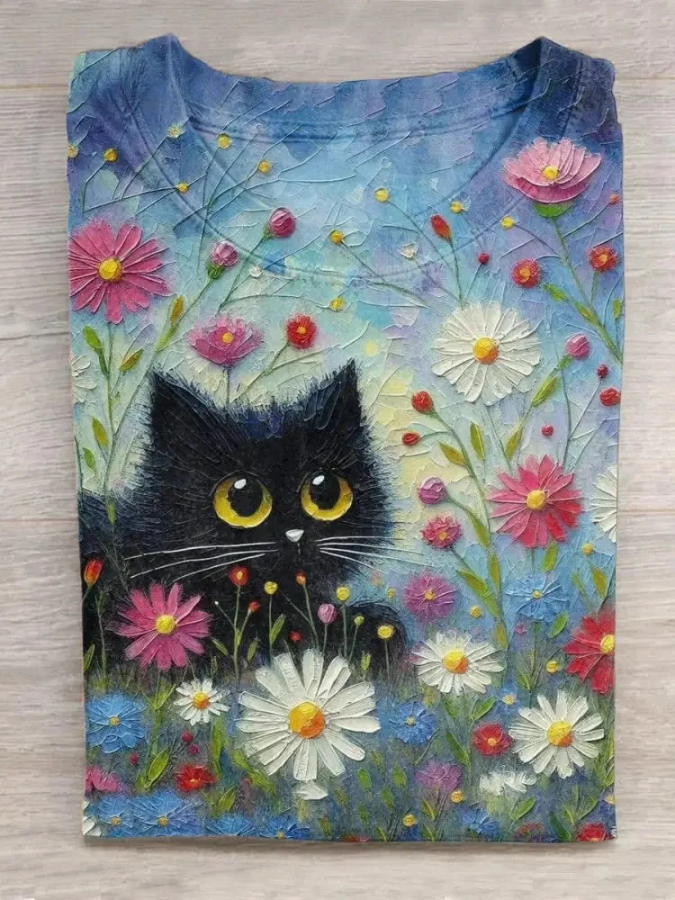 Cat Art Print Casual T-Shirt