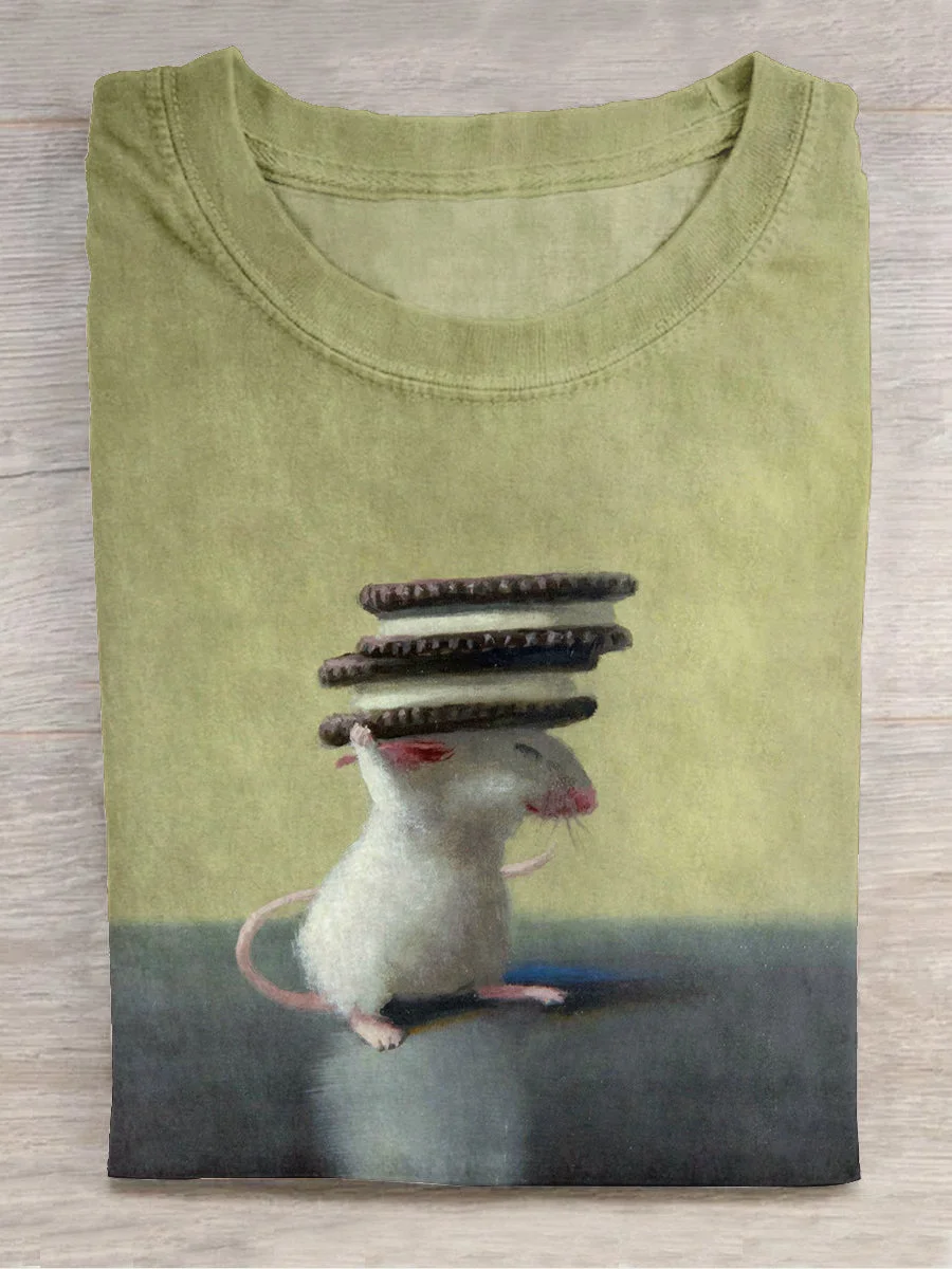 Little Mouse Steals Cookies Funny  Art Print Casual Short Sleeve T-shirt