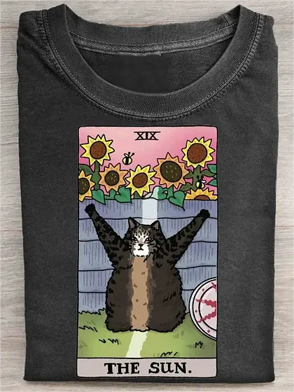 Vintage Funny Cat Art Print Casual Short Sleeve T-shirt