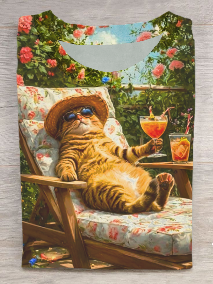 Vacation Cat Art Print Casual Short Sleeve T-Shirt