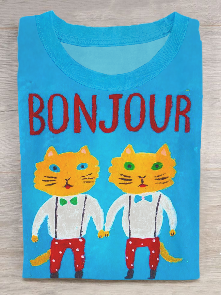 Bonjour Cat Art Print Casual Short Sleeve T-shirt