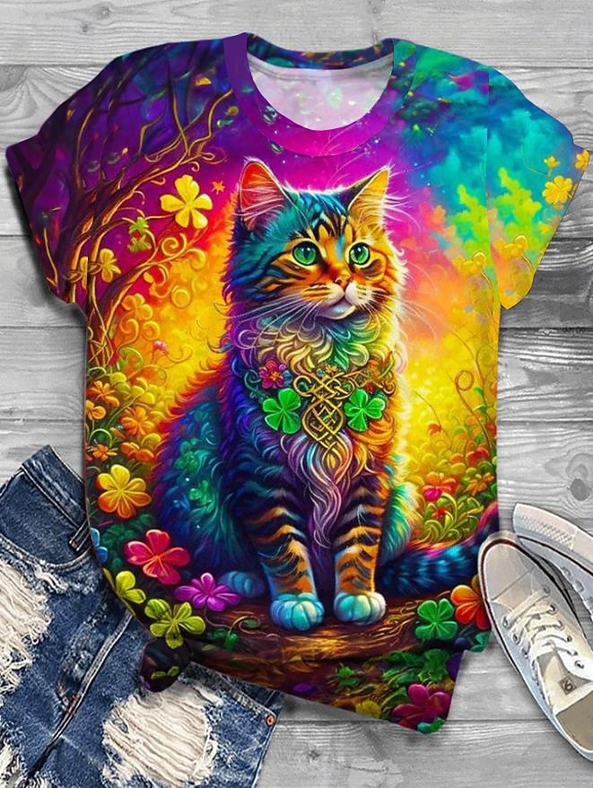 Colorful Cute Cat Printed Crew Neck T-shirt