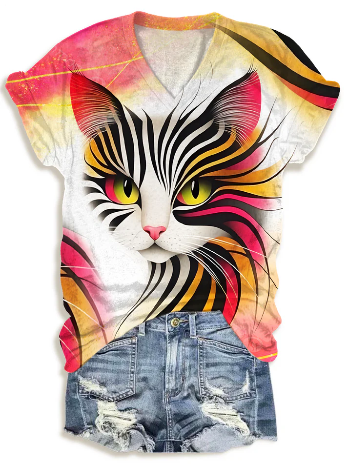 Abstract Watercolor Geometric Lines Cat Art Print Casual V-neck T-Shirt