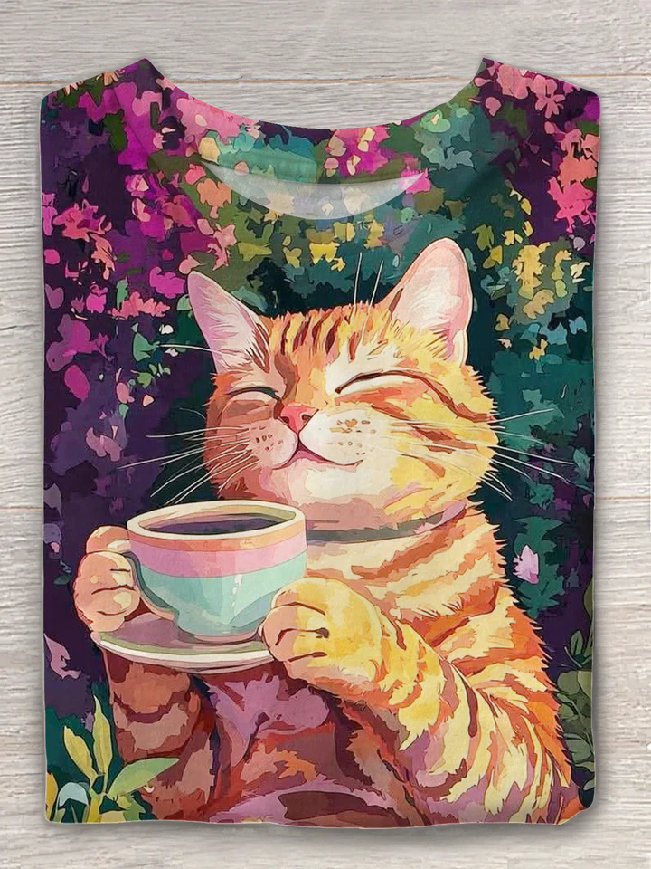 Forest Coffee Cat Art Print Casual T-shirt