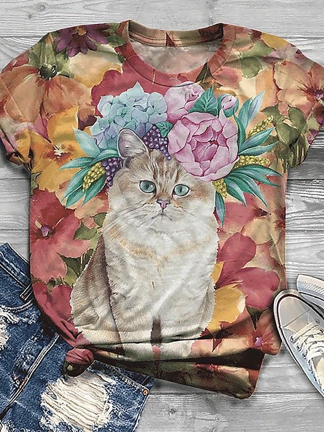 Fashion Cute Cat Printed Crew Neck T-shirt