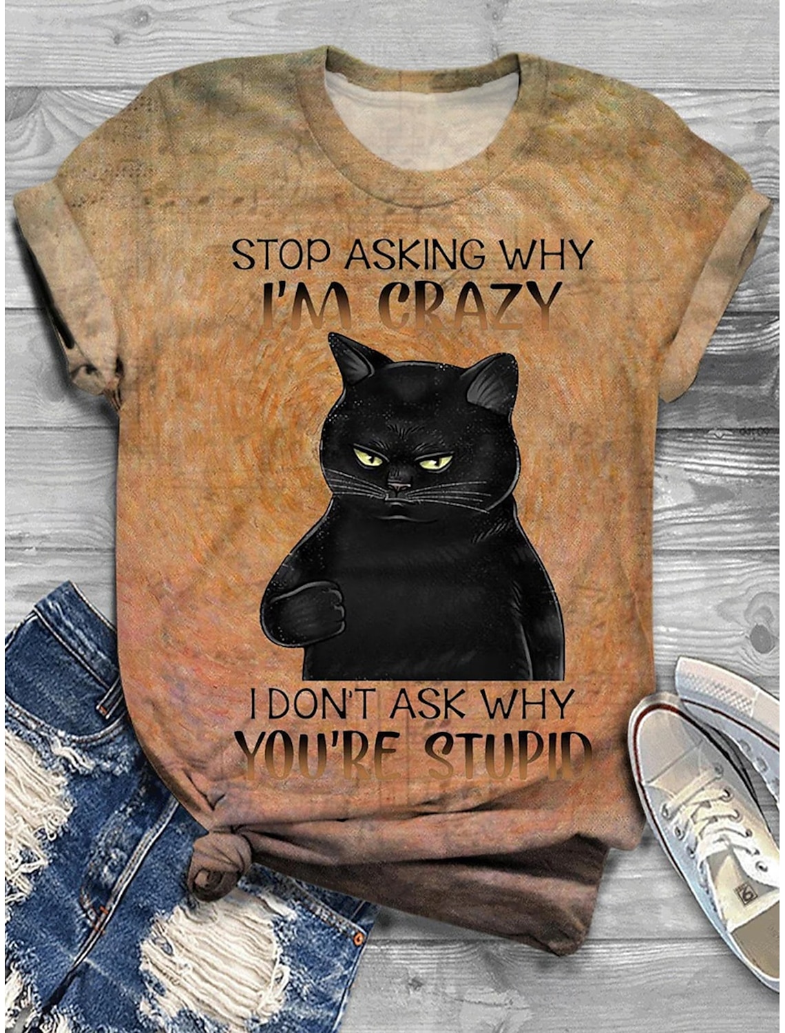 Funny Vintage Black Cat Print Crew Neck T-shirt